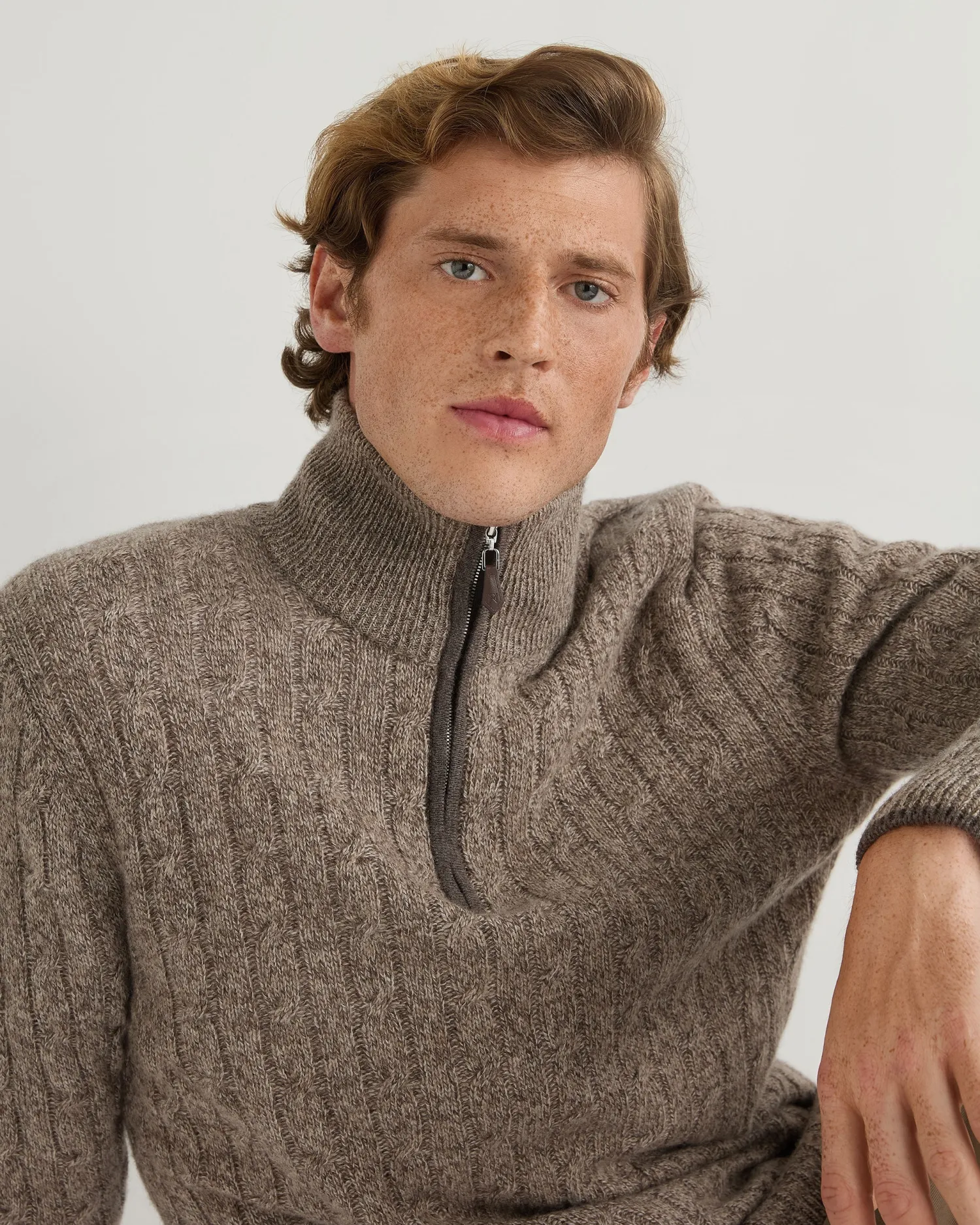 Women N.Peal Natural | Natural*Men's Albemarle Cable Half Zip Cashmere Sweater