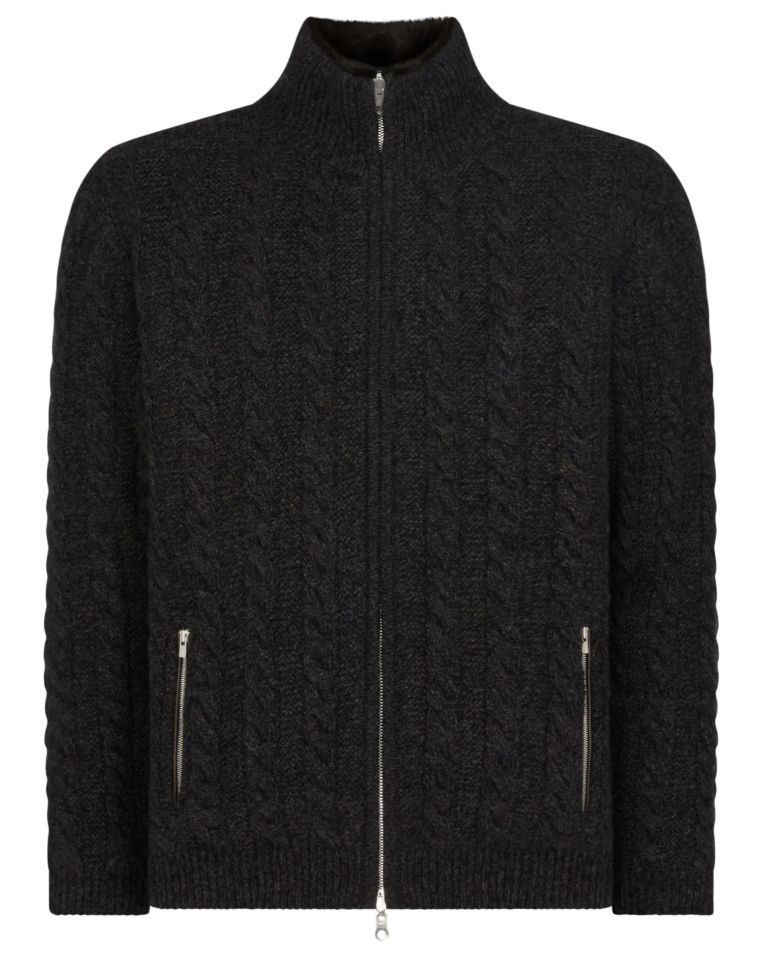 N.Peal Dark Grey | Fur Trim Knitwear*Men's Aspen Cashmere Cable Fur Cardigan