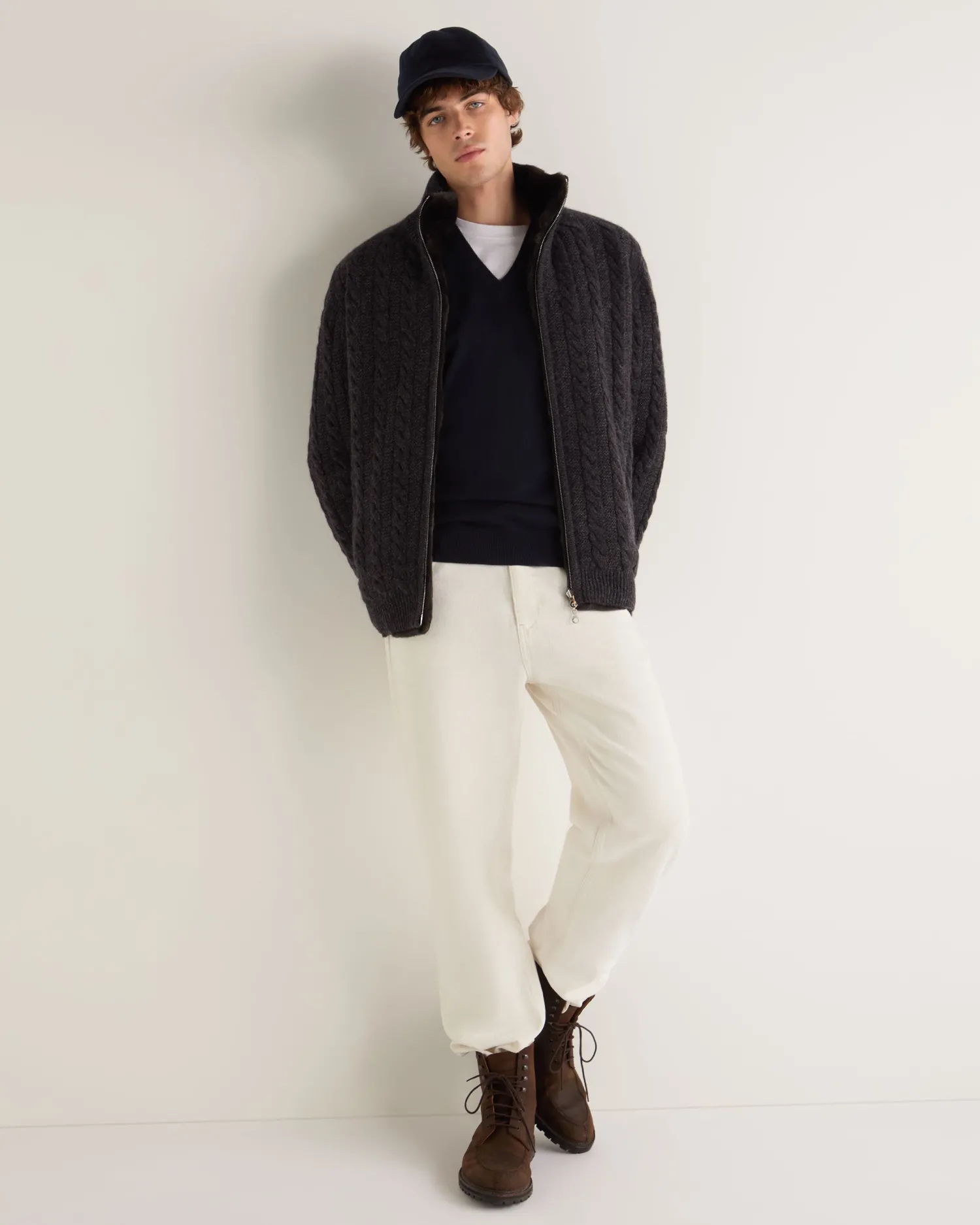 N.Peal Dark Grey | Fur Trim Knitwear*Men's Aspen Cashmere Cable Fur Cardigan