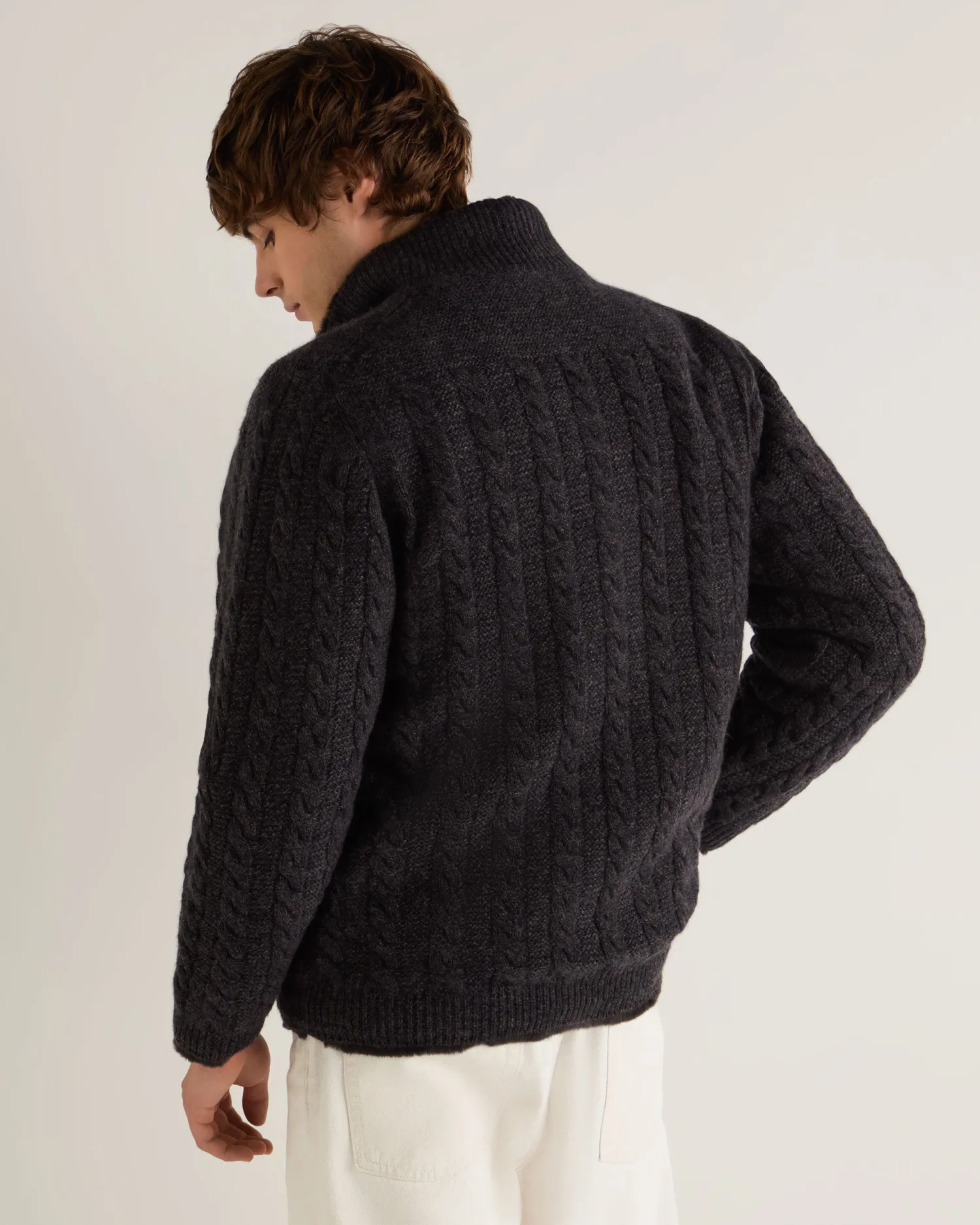 N.Peal Dark Grey | Fur Trim Knitwear*Men's Aspen Cashmere Cable Fur Cardigan