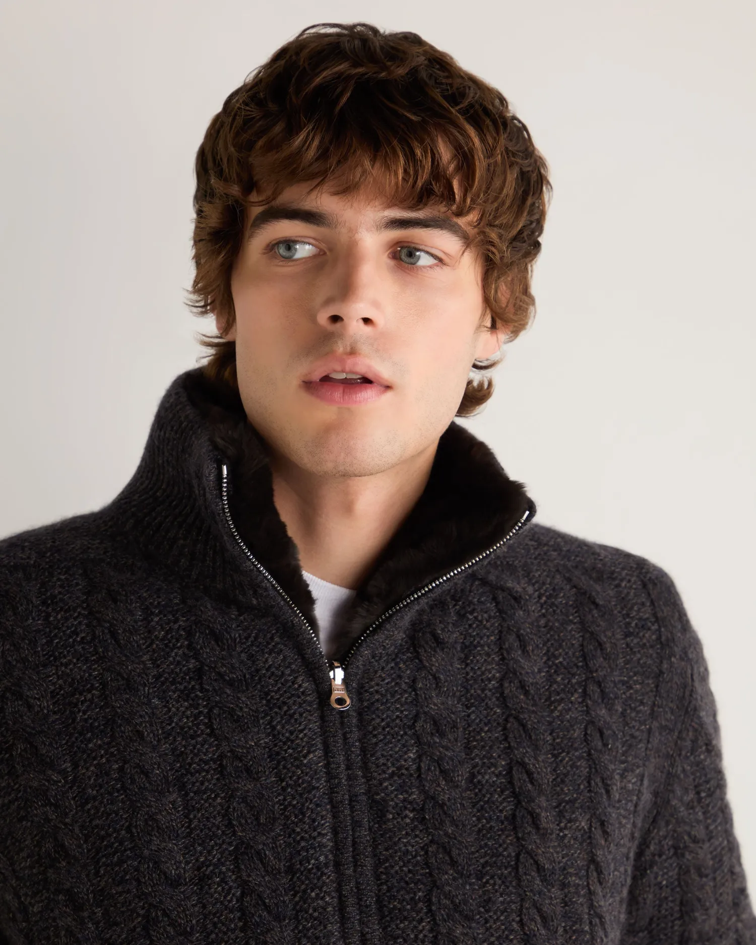 N.Peal Dark Grey | Fur Trim Knitwear*Men's Aspen Cashmere Cable Fur Cardigan