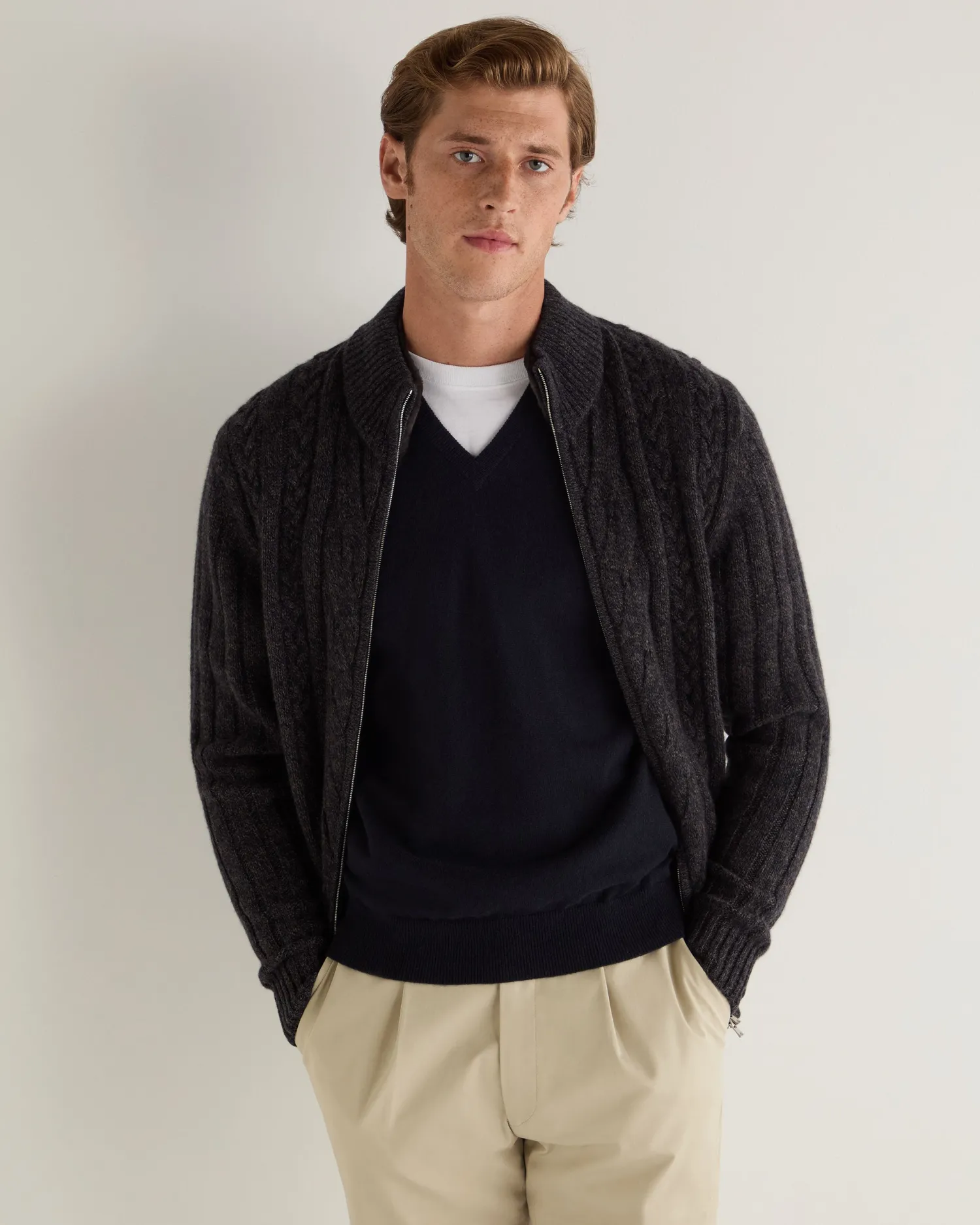 N.Peal Dark Grey | Fur Trim Knitwear*Men's Colorado Cable Fur Trim Cashmere Jacket