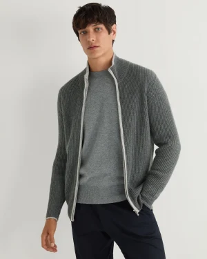 N.Peal Dark Grey | Ribbed Cashmere*Men's Lambeth Rib Full Zip Cashmere Cardigan