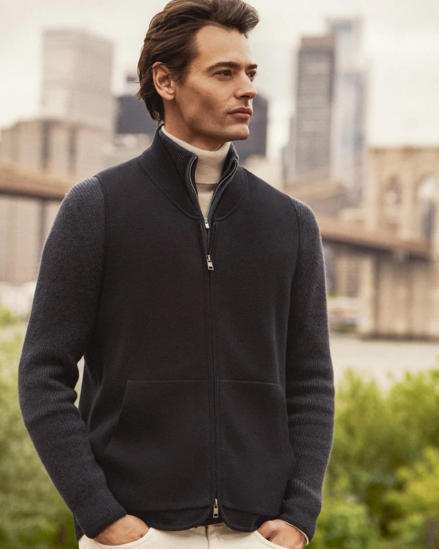 Women N.Peal Navy | Navy*Men's Lambeth Two Tone Rib Full Zip Cashmere Cardigan