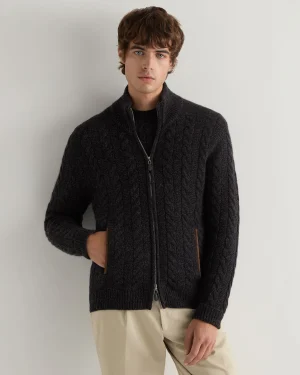 N.Peal Dark Grey | Textured Knits*Men's Richmond Cable Cashmere Cardigan