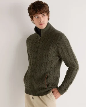 N.Peal Green | Fur Trim Knitwear*Men's Richmond Cable Cashmere Cardigan