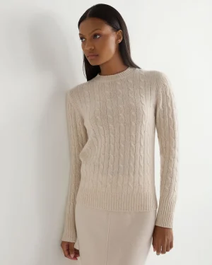 Women N.Peal White | Natural*Women's Adelyn Cable Round Neck Cashmere Sweater