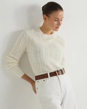 Women N.Peal White | Natural*Women's Adelyn Cable Round Neck Cashmere Sweater
