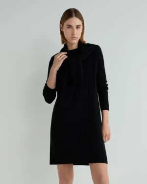 Women N.Peal Black | Textured Knits*Women's Bella Round Neck Cable Cashmere Dress