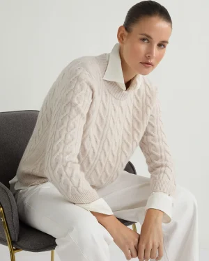 Women N.Peal White | Natural*Women's Emilia Cable Round Neck Cashmere Sweater