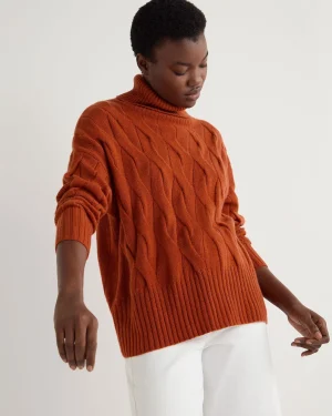 Women N.Peal Orange | Textured Knits*Women's Emmie Relaxed Cable Turtle Neck Cashmere Sweater