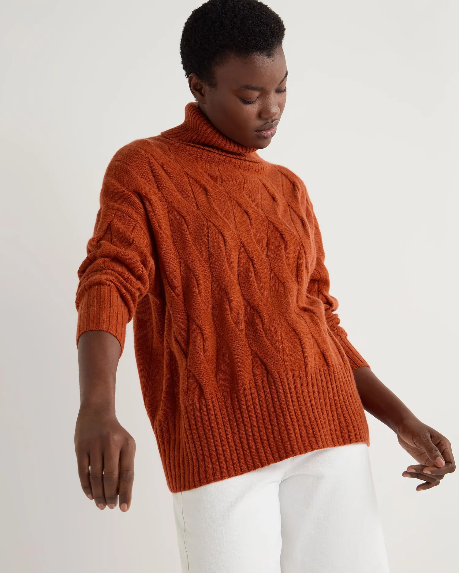 Women N.Peal Orange | Textured Knits*Women's Emmie Relaxed Cable Turtle Neck Cashmere Sweater