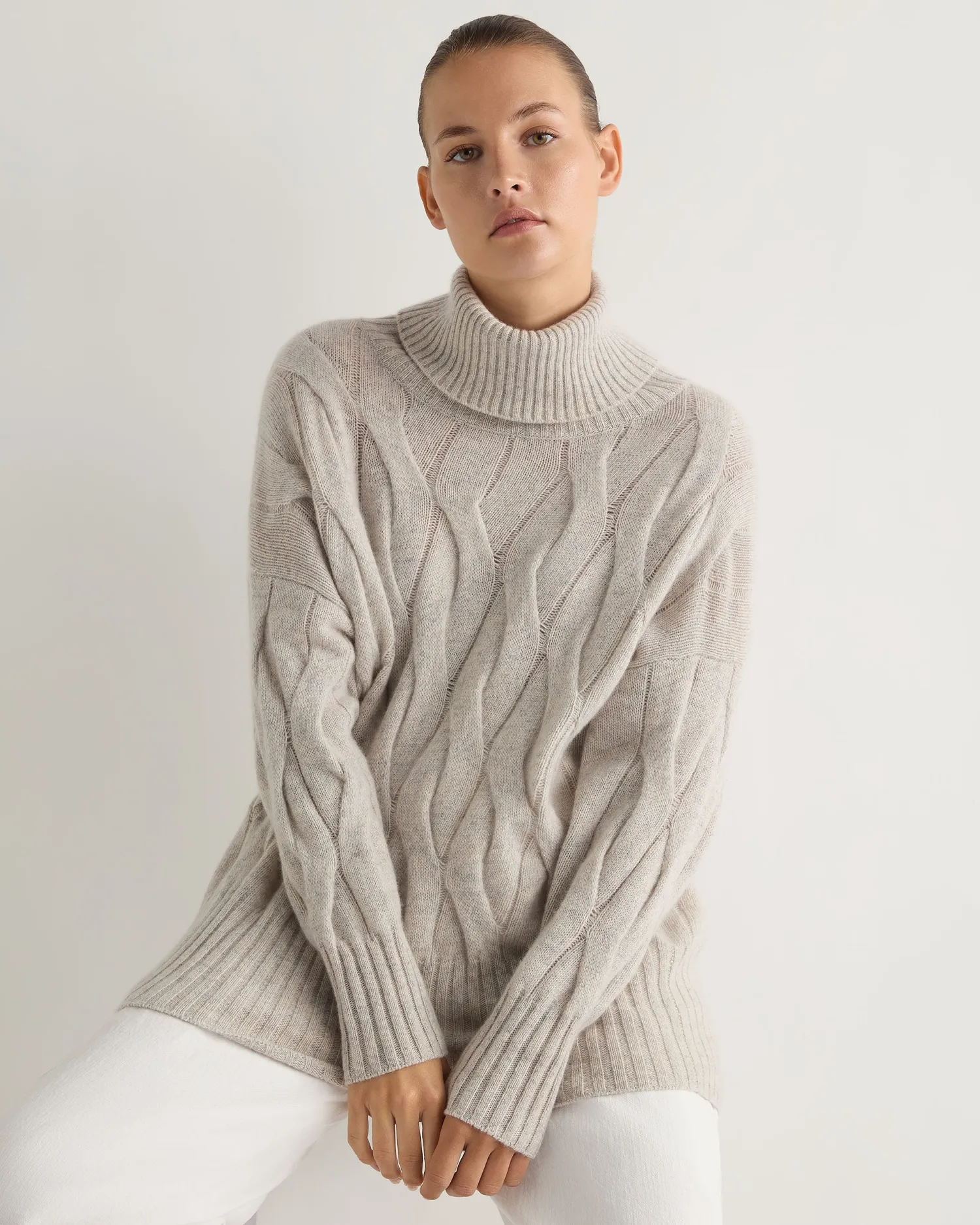 Women N.Peal Natural | Brown*Women's Emmie Relaxed Cable Turtle Neck Cashmere Sweater
