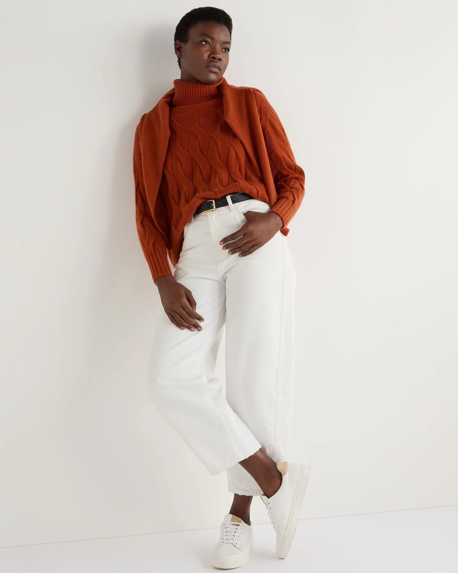 Women N.Peal Orange | Textured Knits*Women's Emmie Relaxed Cable Turtle Neck Cashmere Sweater