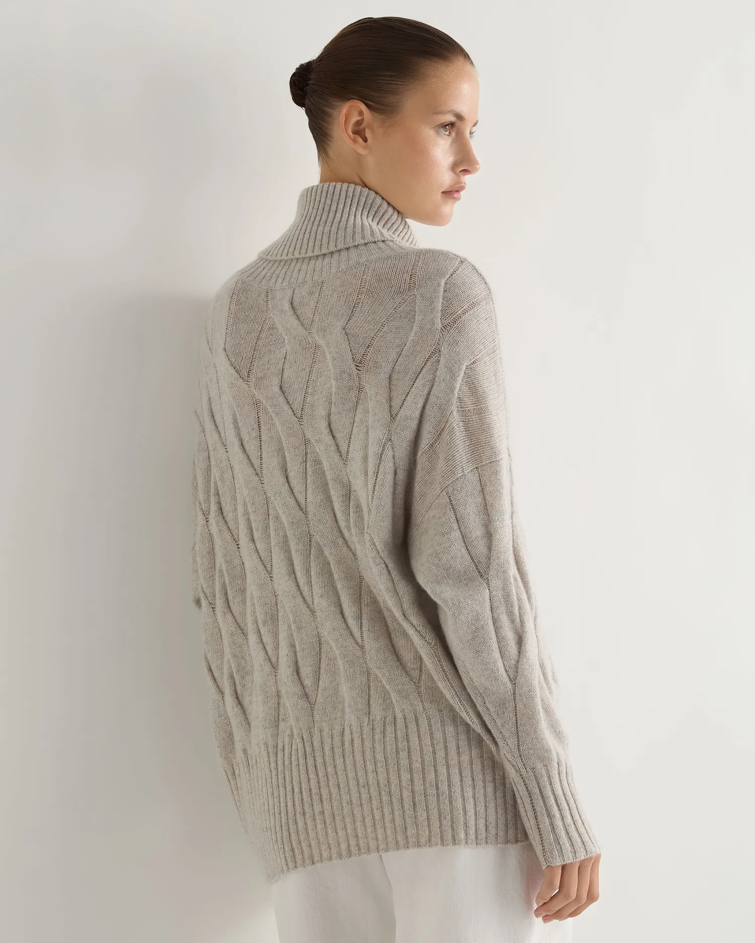 Women N.Peal Natural | Brown*Women's Emmie Relaxed Cable Turtle Neck Cashmere Sweater