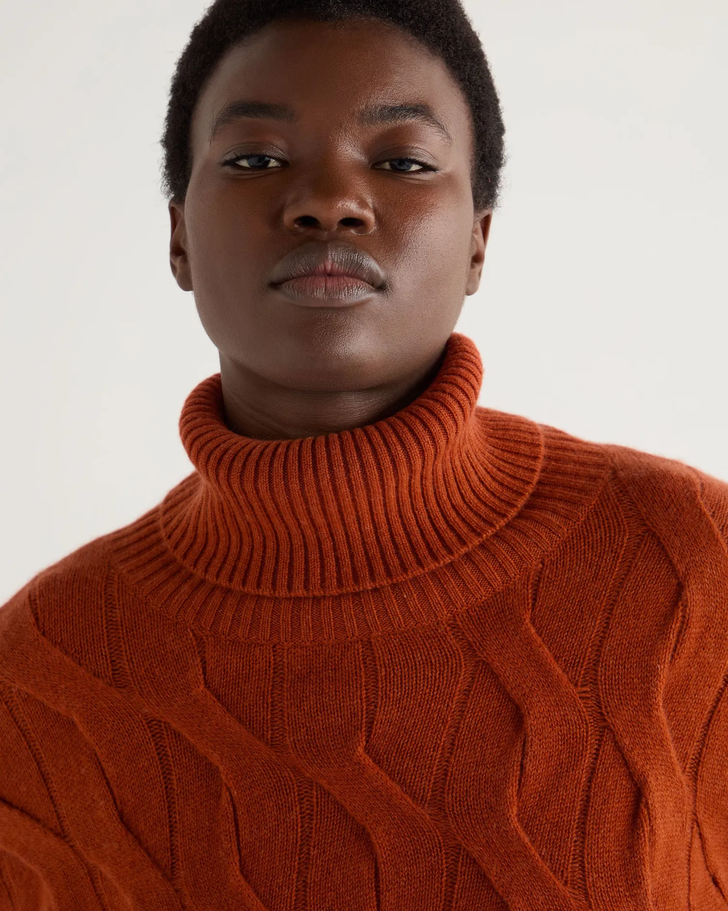 Women N.Peal Orange | Textured Knits*Women's Emmie Relaxed Cable Turtle Neck Cashmere Sweater