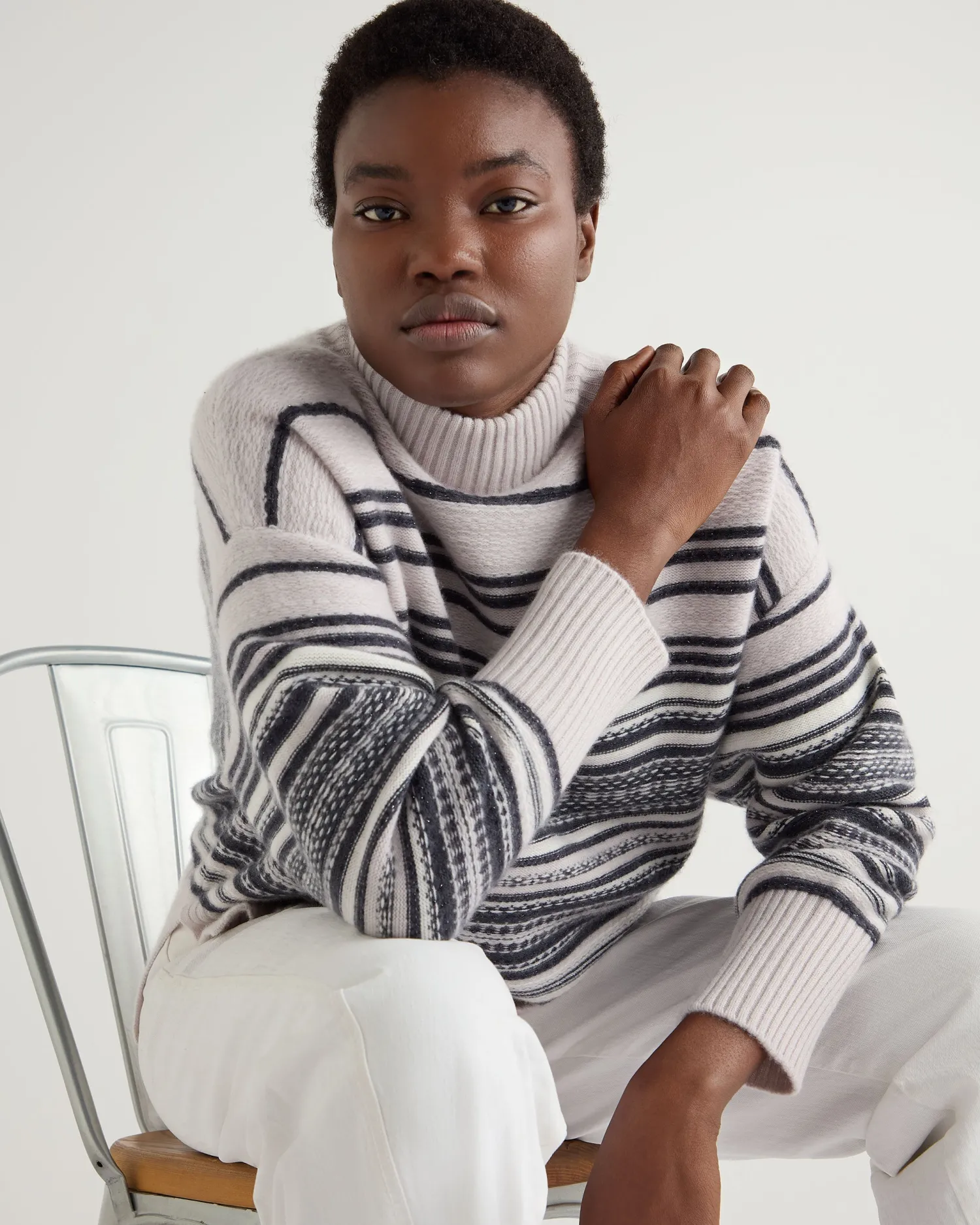 Women N.Peal Natural | Light Grey*Women's Fairisle Mock Neck Cashmere Sweater With Lurex