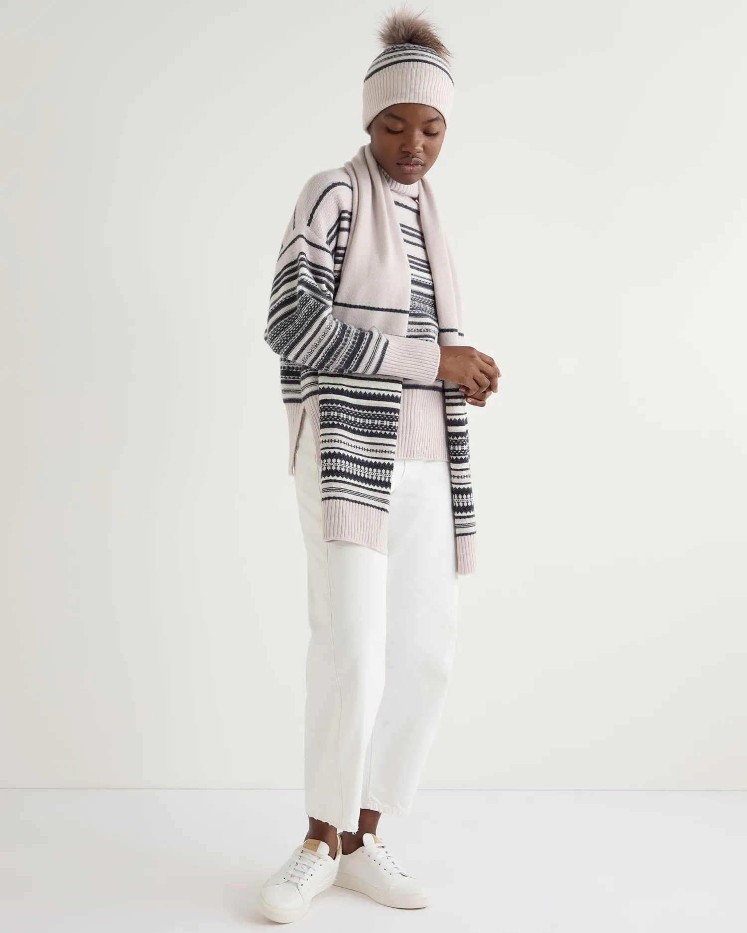 Women N.Peal Natural | Light Grey*Women's Fairisle Mock Neck Cashmere Sweater With Lurex