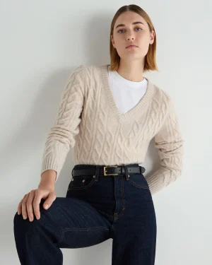 Women N.Peal White | Natural*Women's Frankie Cable V Neck Cashmere Sweater