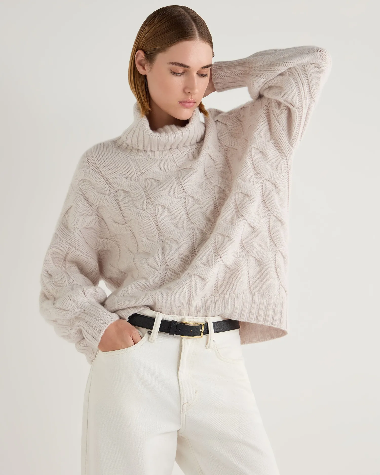 Women N.Peal White | Natural*Women's Hana Chunky Cable Turtle Neck Cashmere Sweater