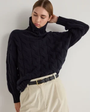 Women N.Peal Navy | Blue*Women's Hana Chunky Cable Turtle Neck Cashmere Sweater