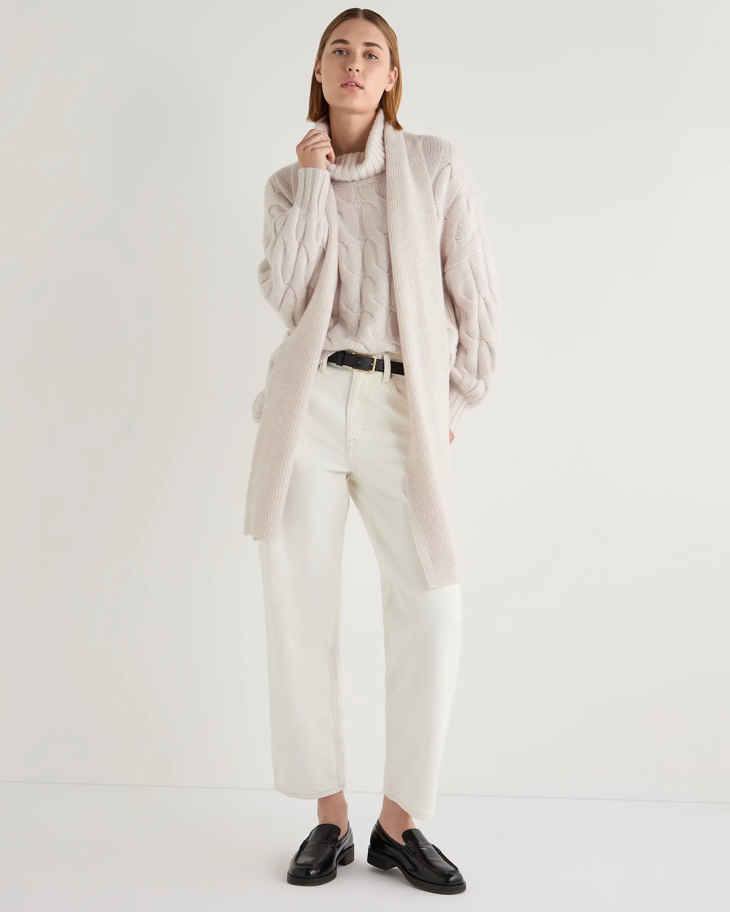 Women N.Peal White | Natural*Women's Hana Chunky Cable Turtle Neck Cashmere Sweater