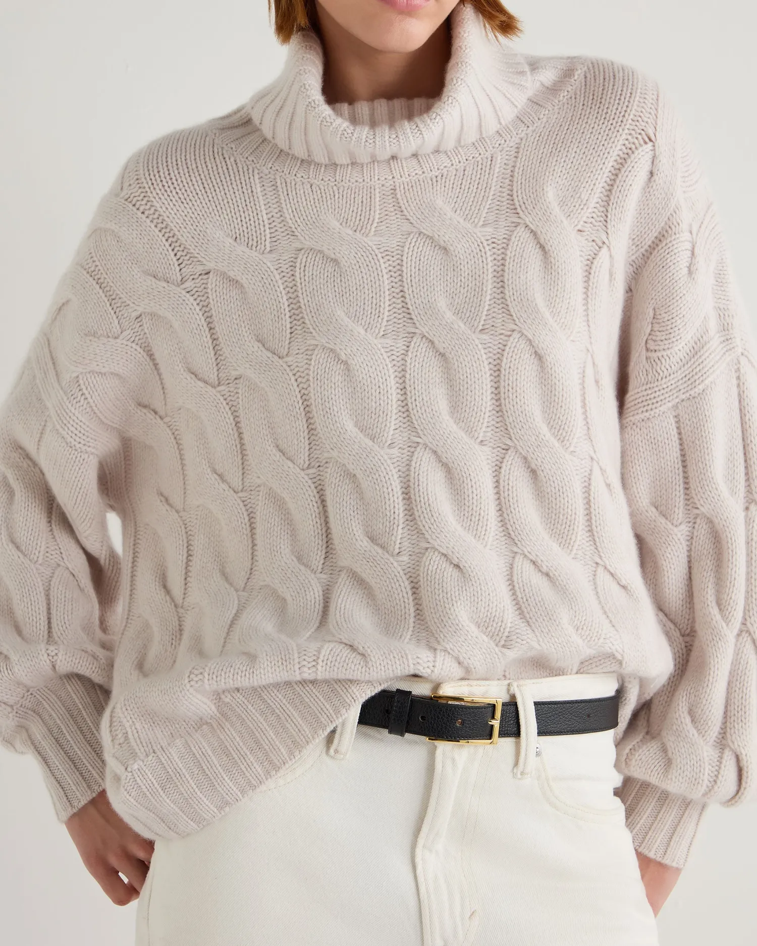 Women N.Peal White | Natural*Women's Hana Chunky Cable Turtle Neck Cashmere Sweater