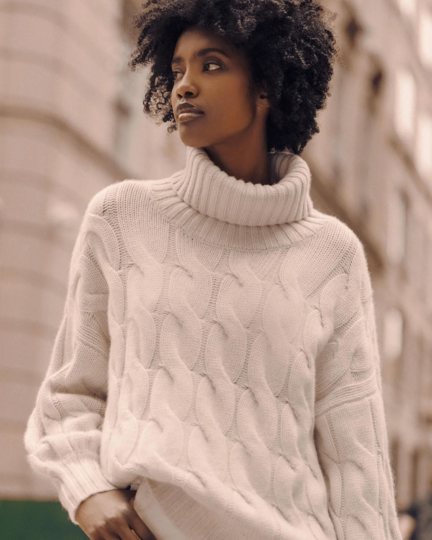 Women N.Peal White | Natural*Women's Hana Chunky Cable Turtle Neck Cashmere Sweater