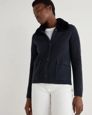 Women N.Peal Navy | Blue*Women's Herringbone Cashmere Jacket with Fur Trim