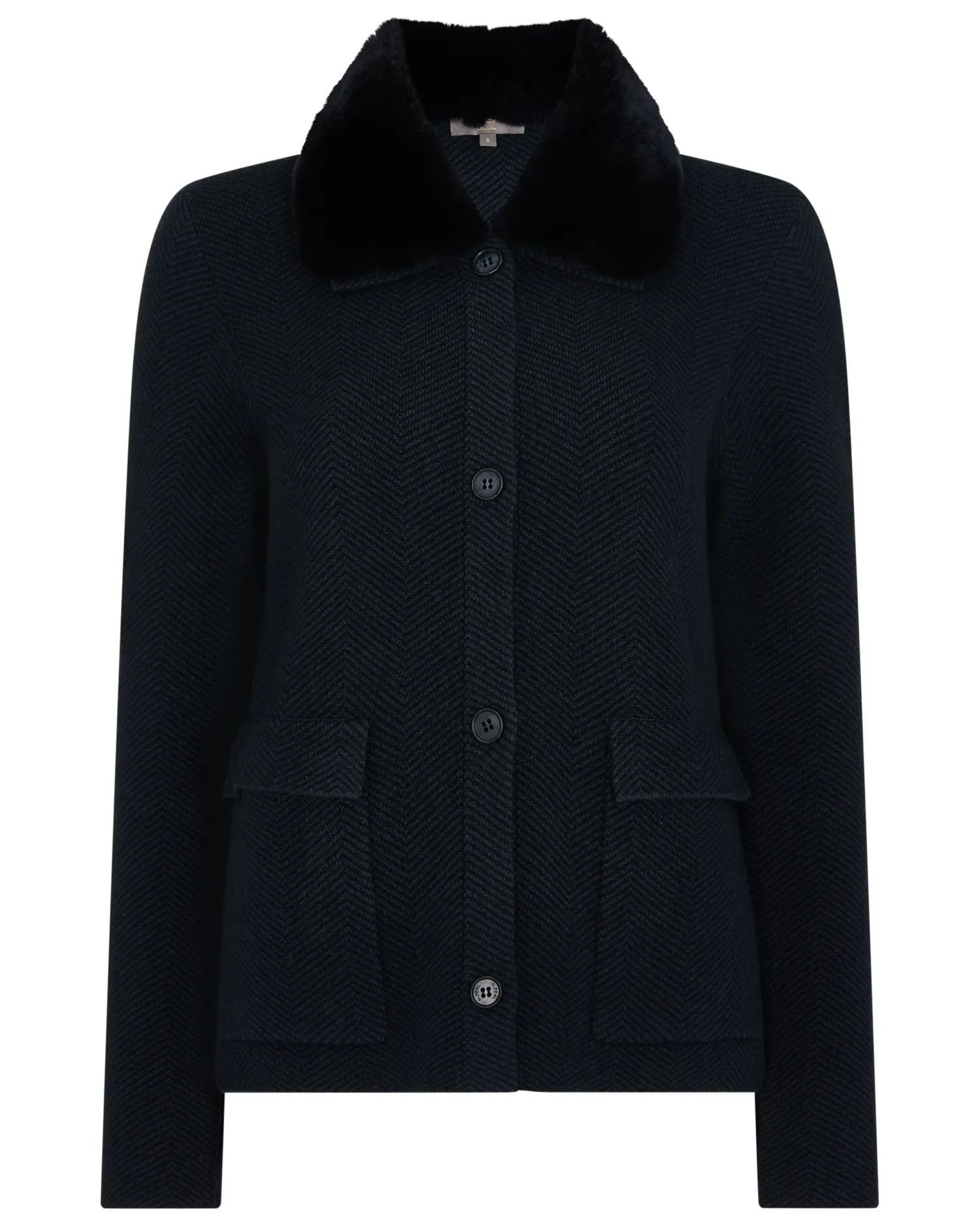 Women N.Peal Navy | Blue*Women's Herringbone Cashmere Jacket with Fur Trim