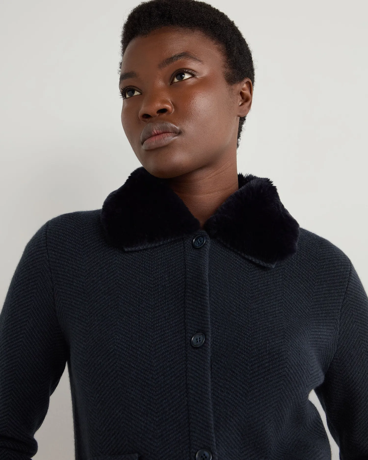 Women N.Peal Navy | Blue*Women's Herringbone Cashmere Jacket with Fur Trim