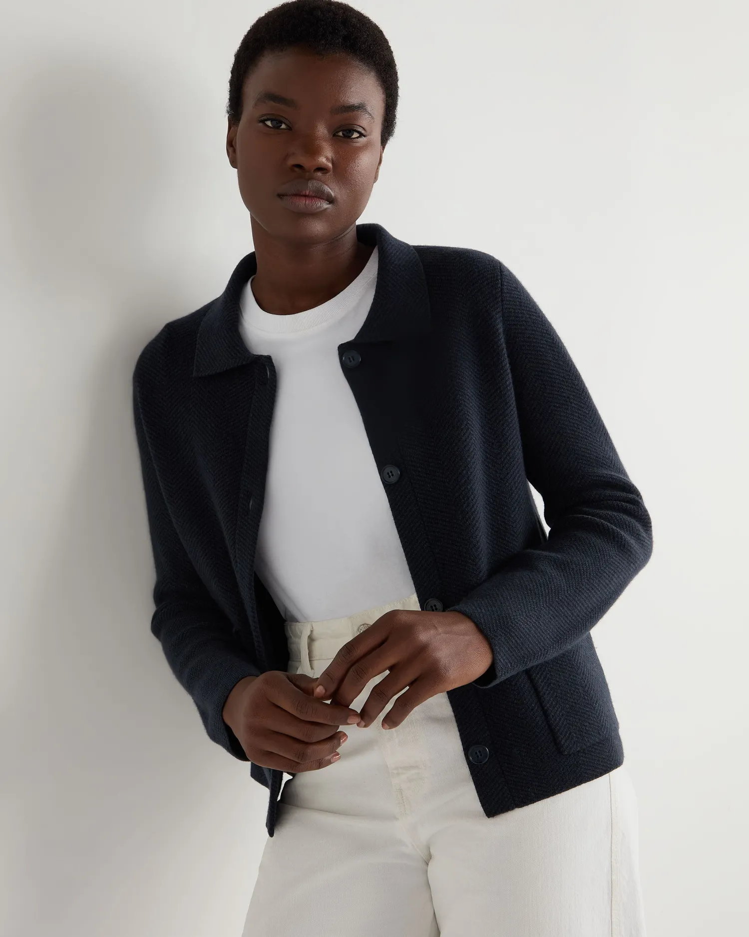 Women N.Peal Navy | Blue*Women's Herringbone Cashmere Jacket with Fur Trim