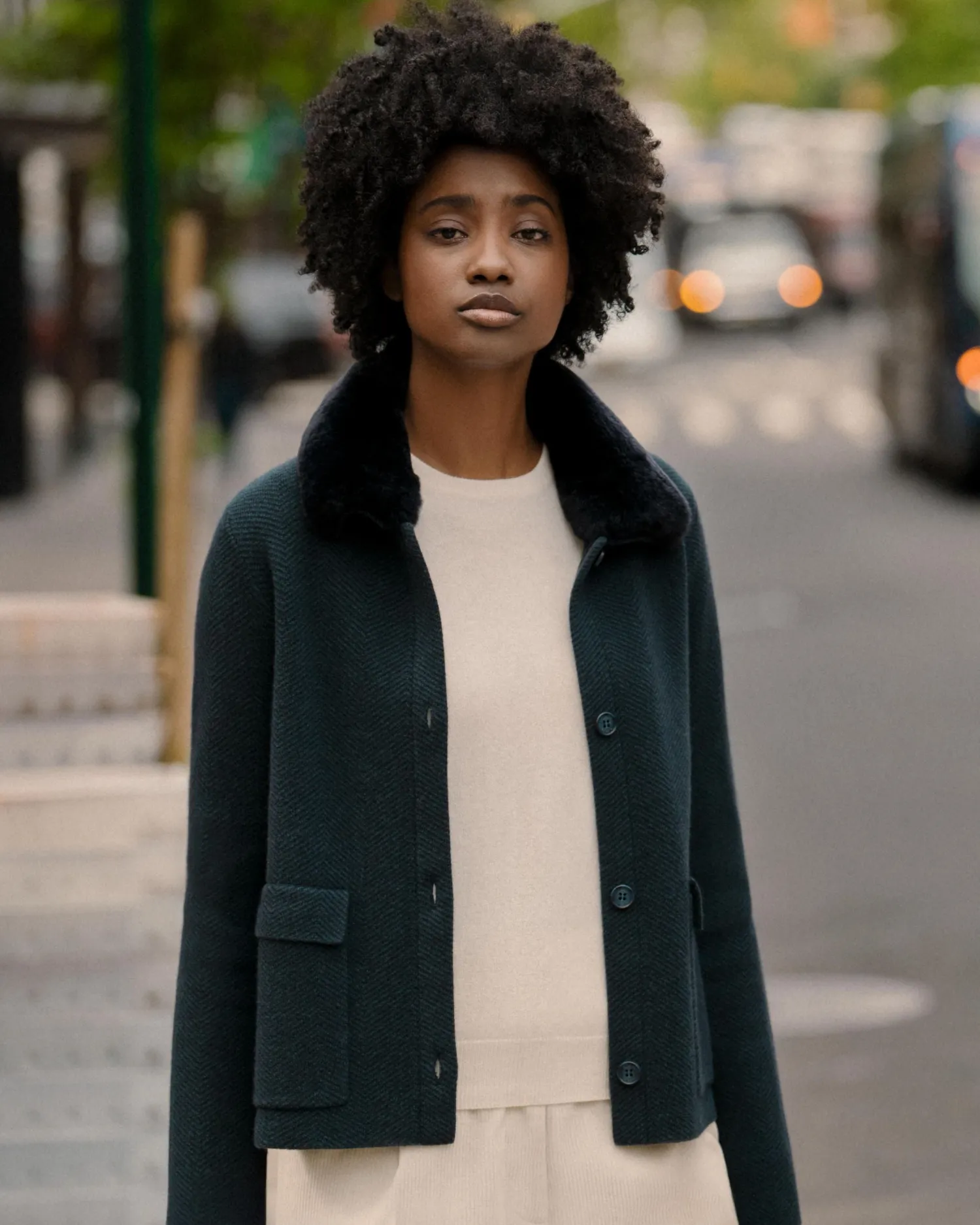 Women N.Peal Navy | Blue*Women's Herringbone Cashmere Jacket with Fur Trim