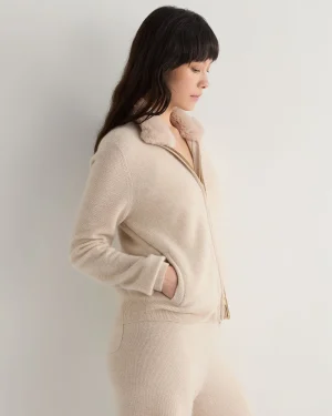 Women N.Peal Natural | Loungewear*Women's Honeycomb Full Zip Cashmere Sweater With Fur Trim