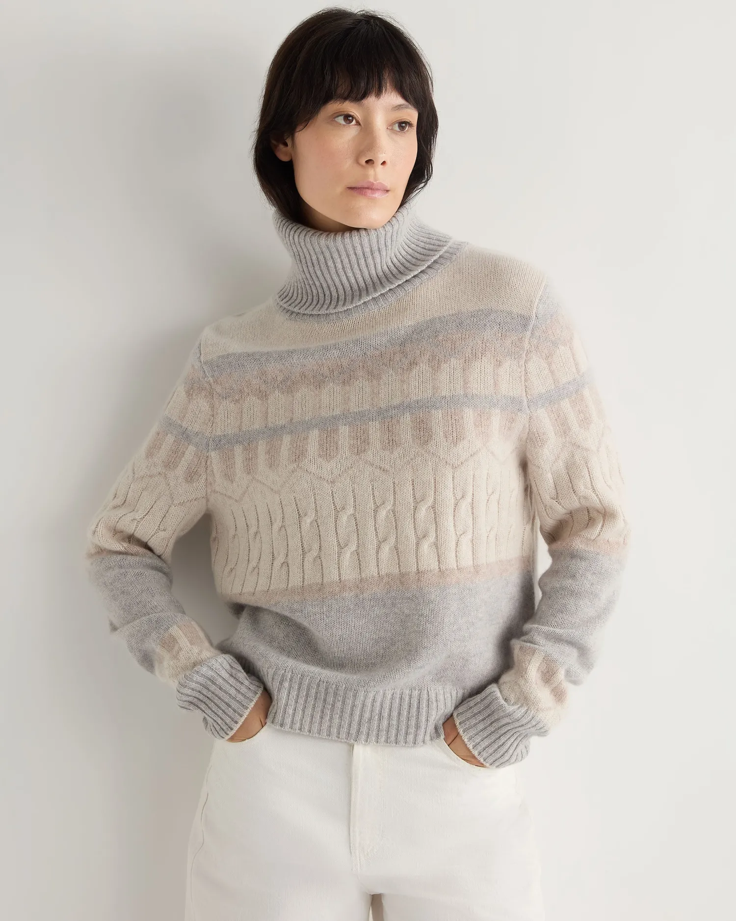 Women N.Peal Natural | Light Grey*Women's Jacquard Turtle Neck Cashmere Sweater