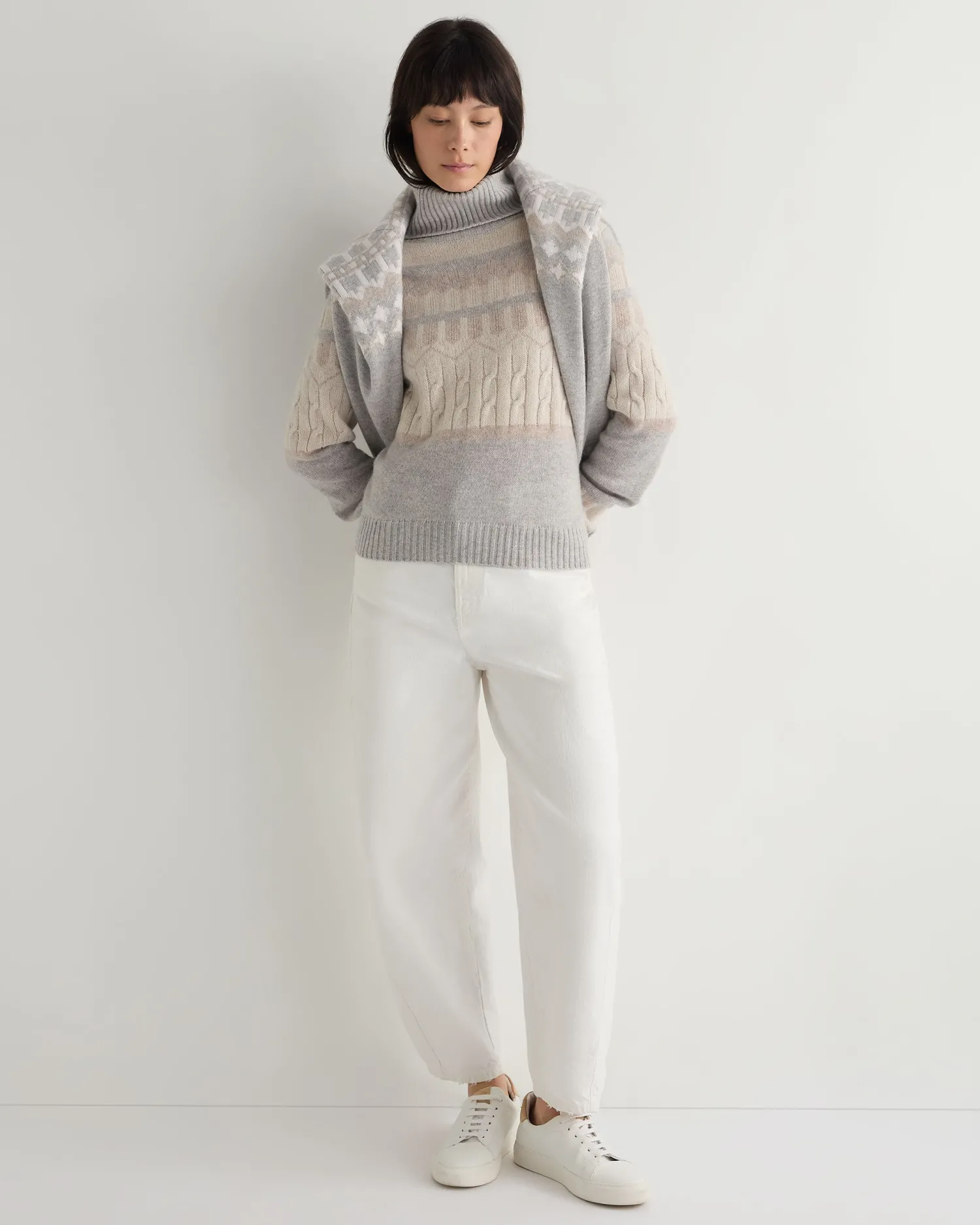 Women N.Peal Natural | Light Grey*Women's Jacquard Turtle Neck Cashmere Sweater