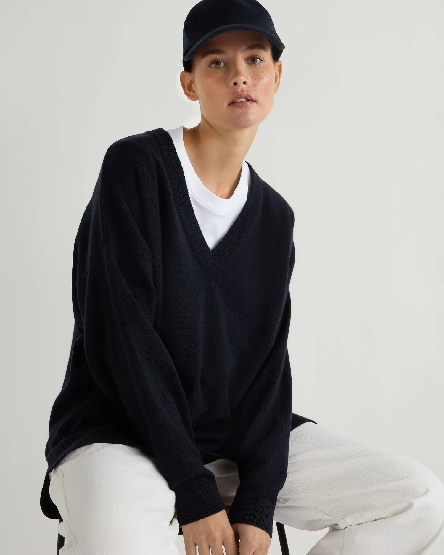 Women N.Peal Navy | Blue*Women's Longline V Neck Cashmere Sweater