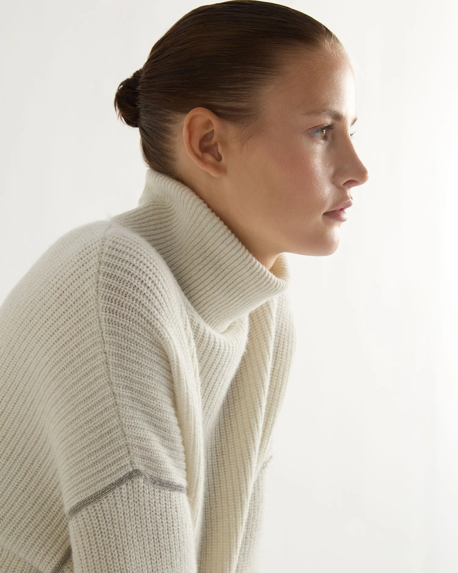 Women N.Peal Natural | Light Grey*Women's Metal Trim Turtle Neck Cashmere Sweater With Lurex