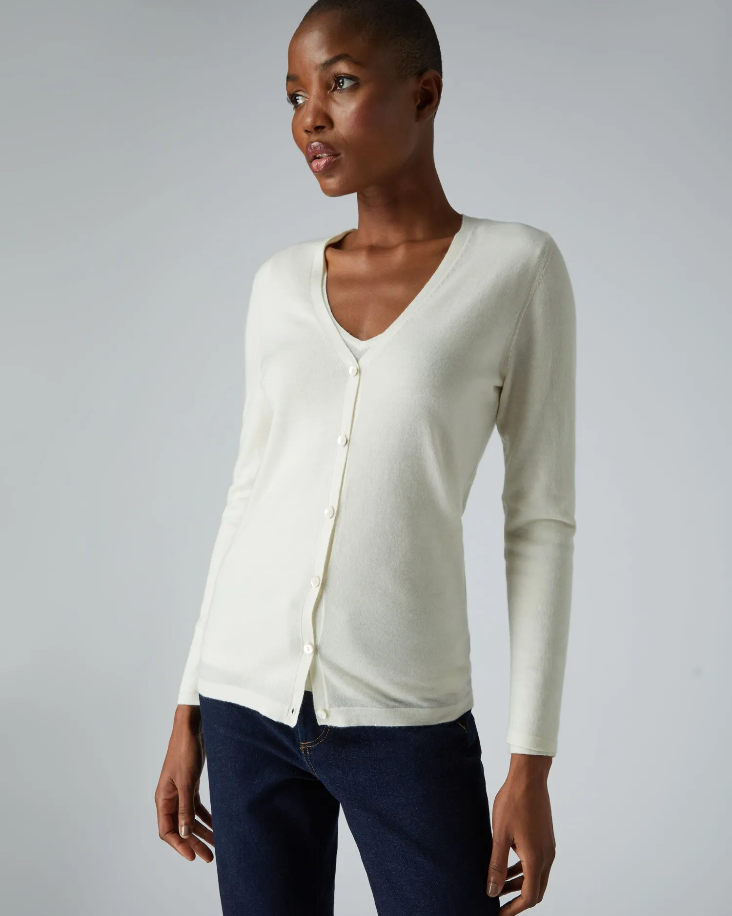 Women N.Peal White | Natural*Women's Mia Superfine Cashmere V Neck Cardigan