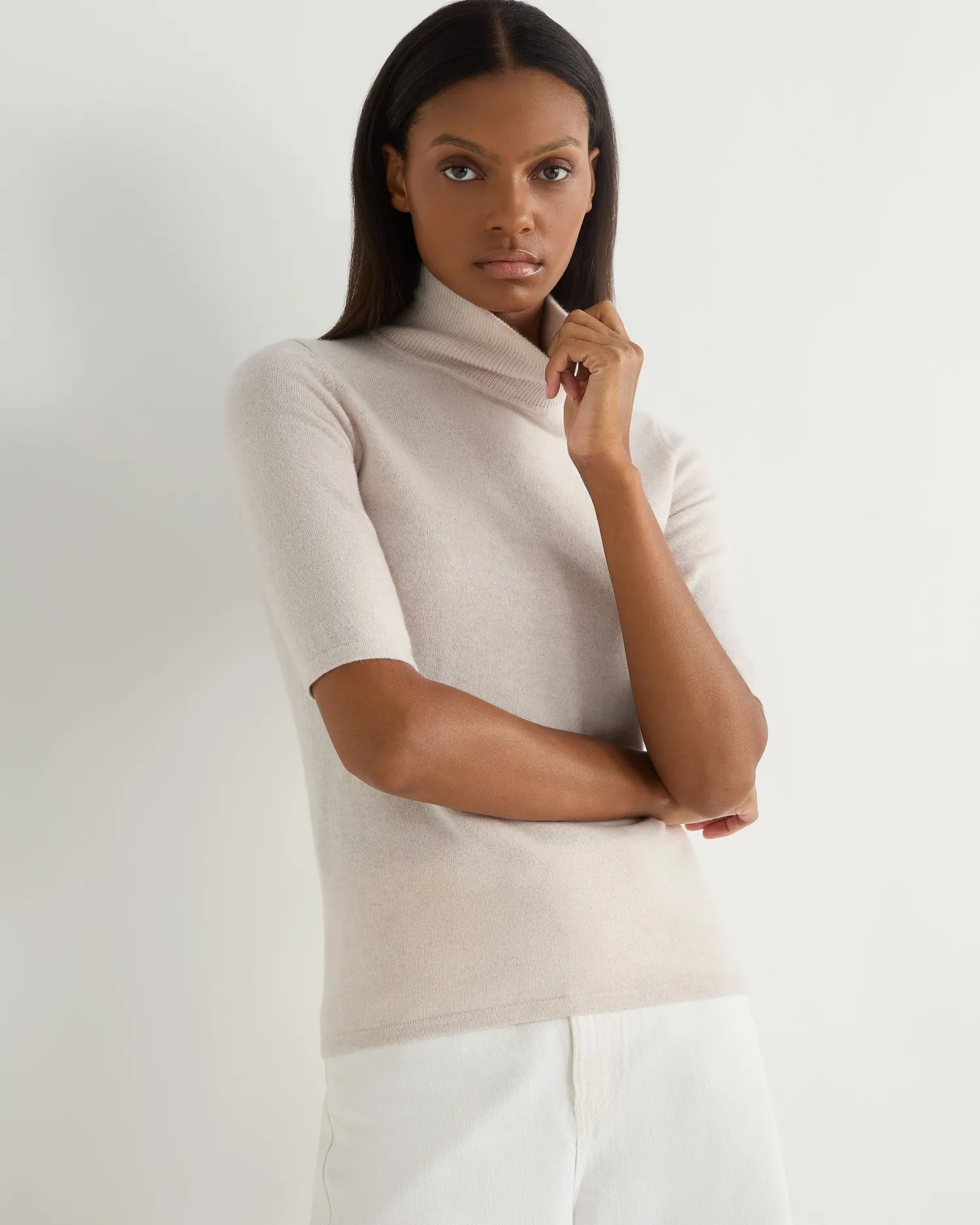 Women N.Peal White | Natural*Women's Mock Neck Cashmere T-Shirt