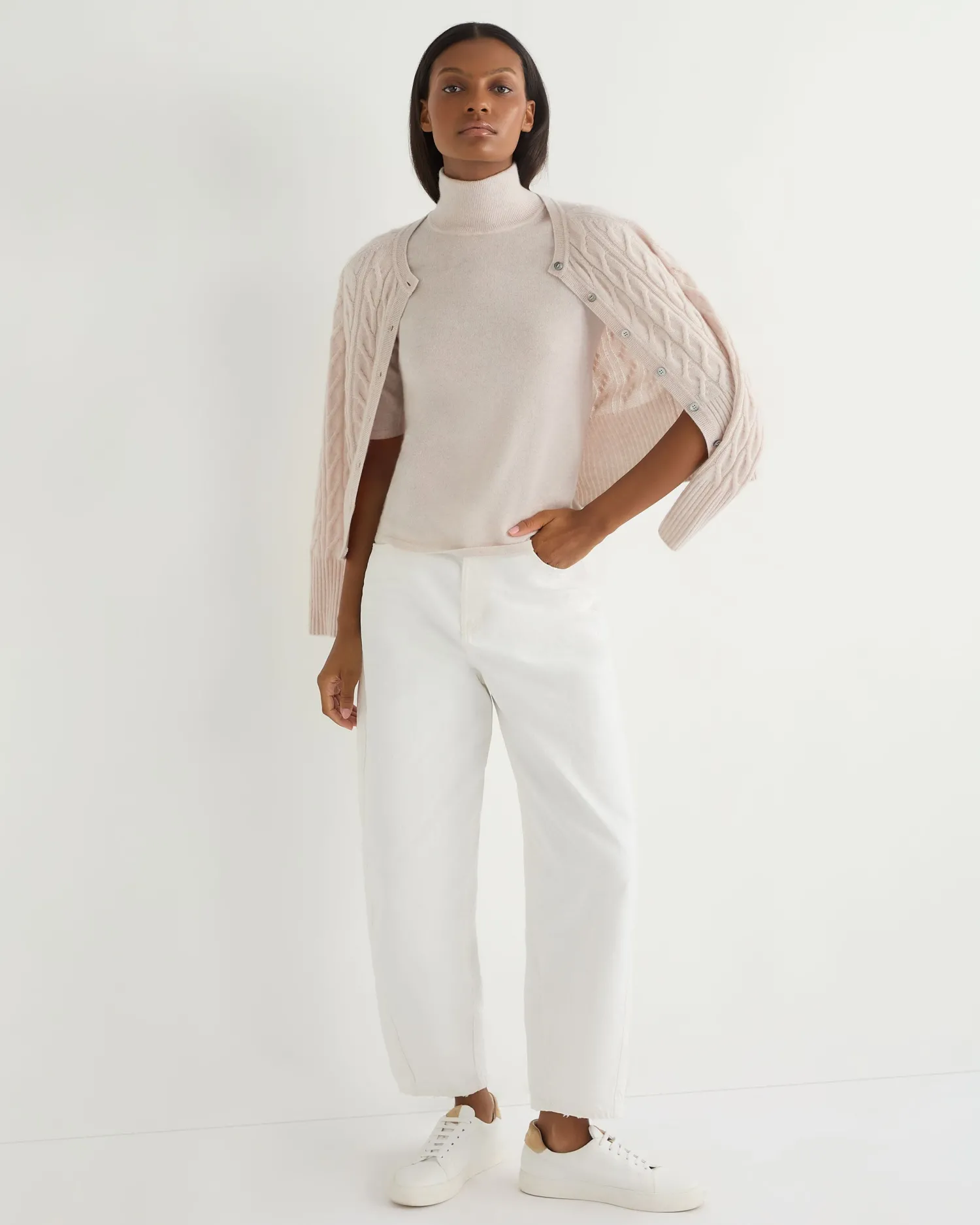 Women N.Peal White | Natural*Women's Mock Neck Cashmere T-Shirt