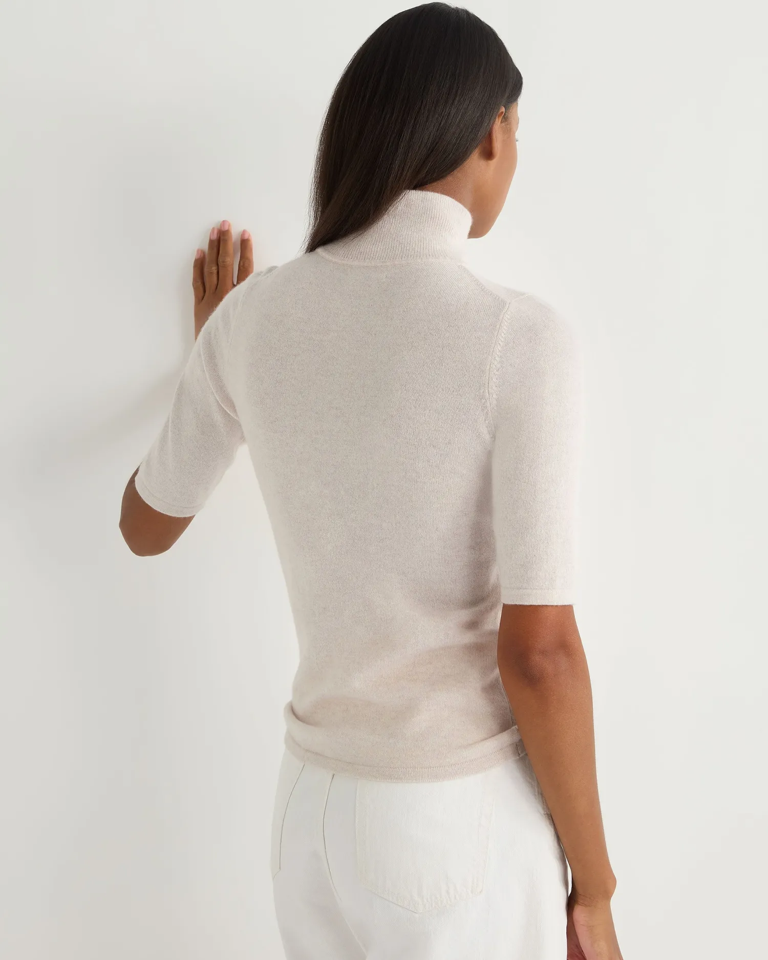 Women N.Peal White | Natural*Women's Mock Neck Cashmere T-Shirt