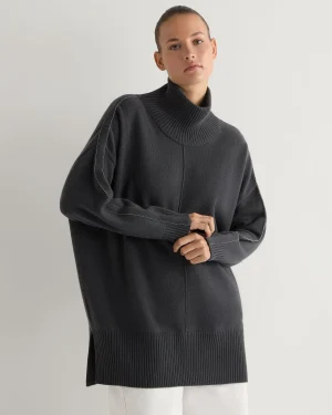 Women N.Peal Dark Grey | Organic Cashmere*Women's Mock Neck Long Cashmere Sweater