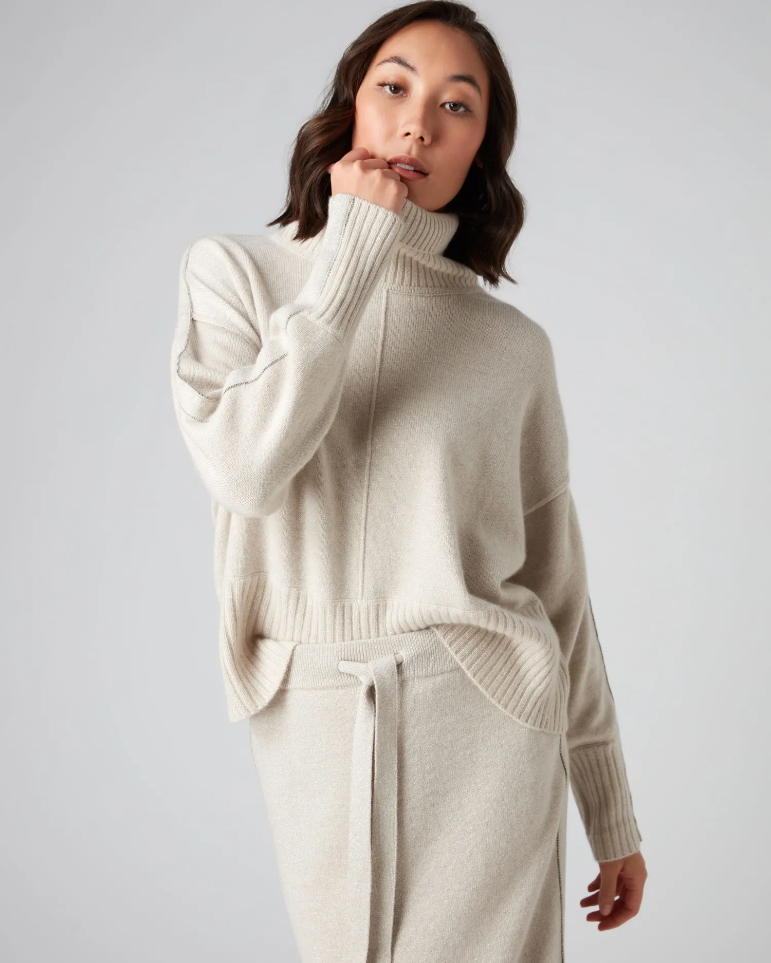Women N.Peal White | Natural*Women's Mollie Metal Turtle Neck Cashmere Sweater