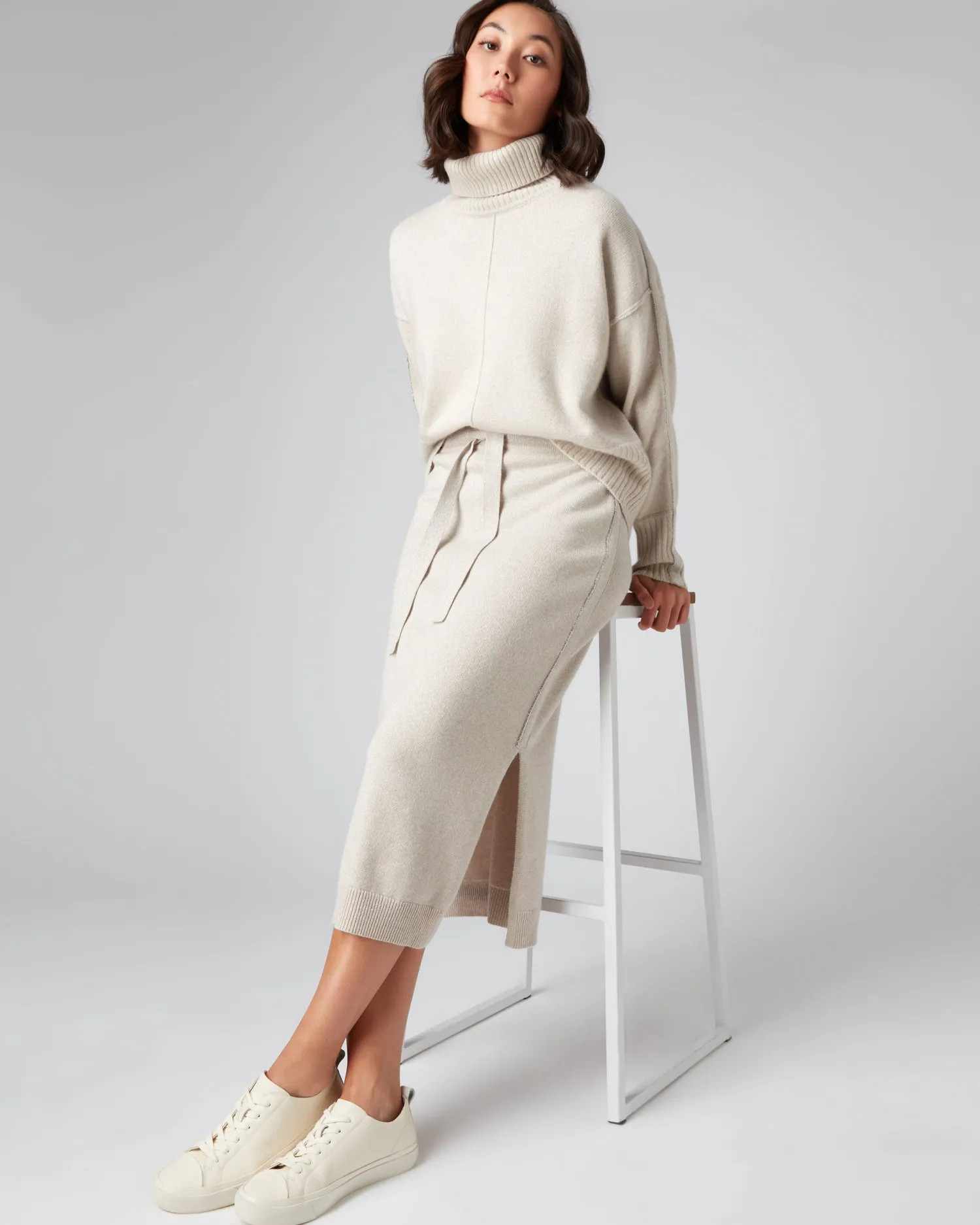 Women N.Peal White | Natural*Women's Mollie Metal Turtle Neck Cashmere Sweater