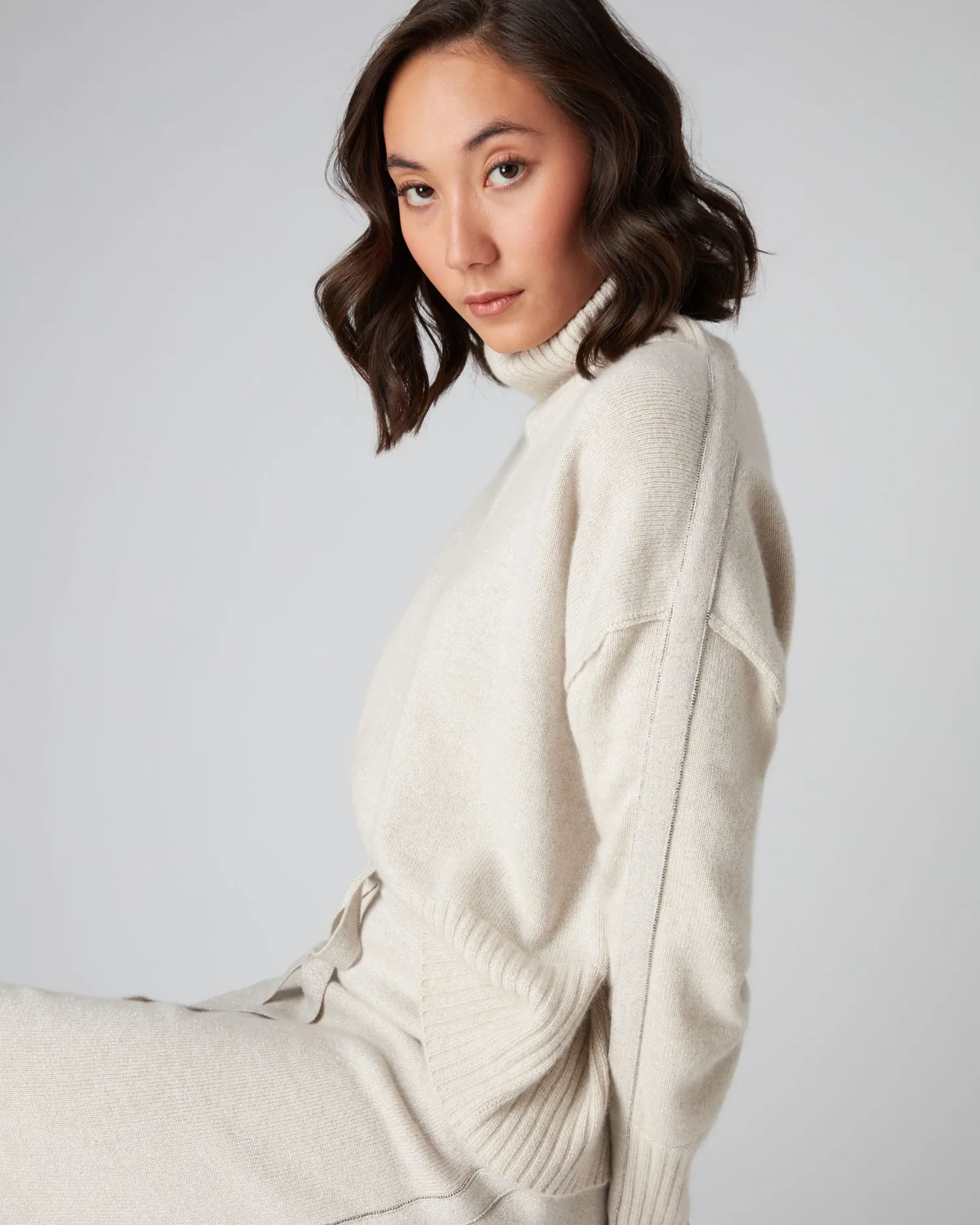 Women N.Peal White | Natural*Women's Mollie Metal Turtle Neck Cashmere Sweater