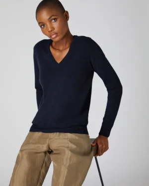 Women N.Peal Navy | Blue*Women's Phoebe V Neck Cashmere Sweater