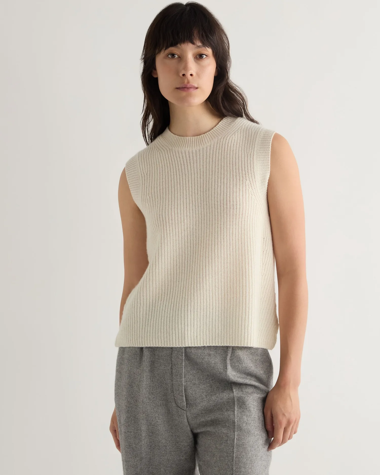 Women N.Peal White | Natural*Women's Rib Round Neck Cashmere Tank Top