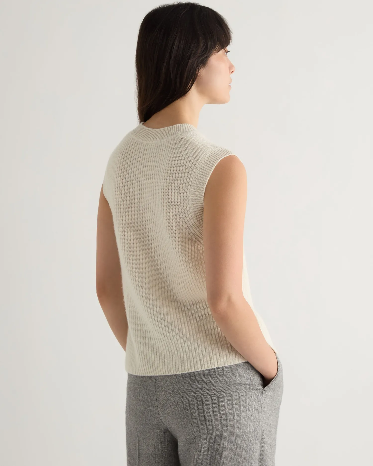 Women N.Peal White | Natural*Women's Rib Round Neck Cashmere Tank Top