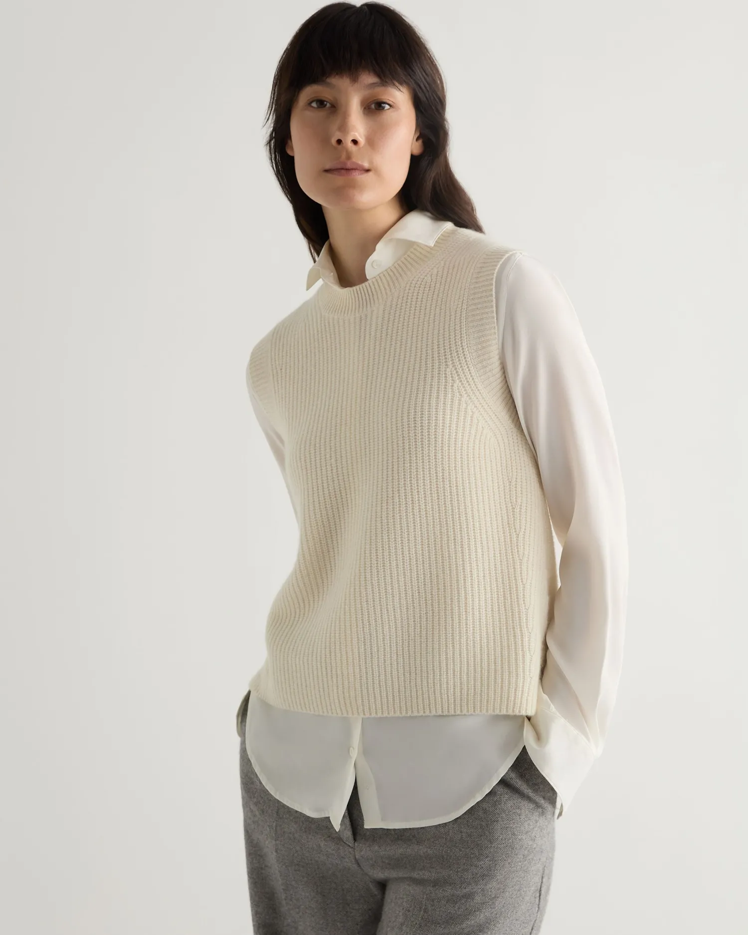 Women N.Peal White | Natural*Women's Rib Round Neck Cashmere Tank Top